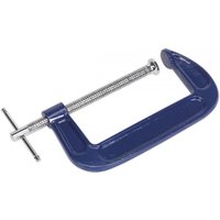 Blue Sealey G-Clamp 150mm with silver screw and T-handle, robust metal construction.