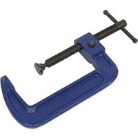 Blue Sealey 150mm G-Clamp with quick release mechanism, black threaded screw, and swivel pad.
