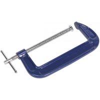 Blue Sealey G-Clamp with 200mm opening, silver threaded screw, and T-handle for tightening.