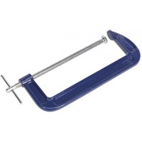 Blue Sealey G-Clamp 300mm with silver threaded screw and T-handle for secure clamping.