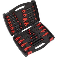 Black and red Sealey 18-piece VDE insulated open-end spanner set in a hard plastic carrying case.