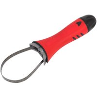 Red and black Sealey band type oil filter wrench with adjustable metal loop and ergonomic handle.