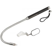 Flexible inspection mirror with light, black handle, silver bendable neck, oval mirror, and wrist strap.