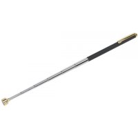 Telescopic magnetic pick-up tool with black handle, silver extendable shaft, and brass magnetic tip.