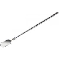 Telescopic articulated mirror with oval reflective surface and extendable silver handle.