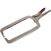 Locking C-clamp with silver metallic finish, red and black handle, 455mm length, 0-160mm jaw capacity.