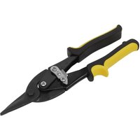 Black and yellow Sealey AK6904 aviation tin snips with straight cutting blades and ergonomic handles.