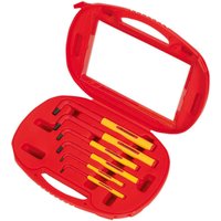 Red Sealey hex key set with six extra-long yellow VDE keys in a red plastic case.