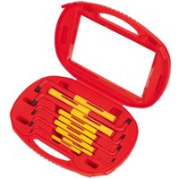 Red Sealey 9-piece extra-long VDE TRX-Star key set in a red carrying case with yellow handles.