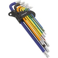 Sealey AK7194 9 Piece Colour Extra Long Torx Key Set with multicolored handles in black holder.