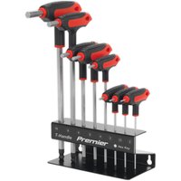 Sealey AK7195 T handle hex key set with red and black grips, metal stand, and ball-end tips in various sizes.