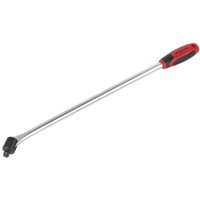 Breaker bar with long silver shaft, black pivot head, and red and black ergonomic handle.