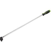 Breaker bar with long silver shaft, black and green hi-vis handle, and 1/2in square drive head.