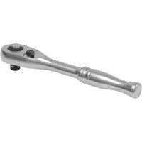 Silver Sealey ratchet wrench with 1/4in square drive, 90-tooth gear, and flip reverse mechanism, sleek ergonomic handle.