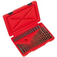 Red Sealey AK8186 extractor set with 35 metal bits in a red plastic case with black clasps.
