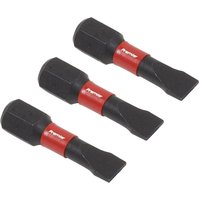 Set of three black and red Sealey slotted impact tool bits, 5.5mm size, 25mm length, with hexagonal bases.