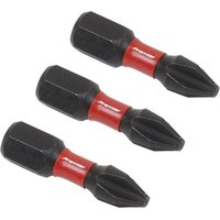 Set of three black and red Sealey Phillips #2 impact bits, 25mm long, with hexagonal shank and pointed tip.