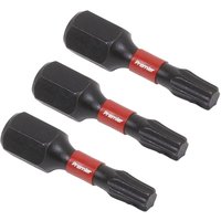 Black Sealey T20 impact bits with red bands, hexagonal shank, and star-shaped tips, set of three.