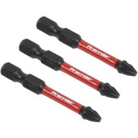Set of three black and red Sealey Pozi #2 impact power tool bits, 50mm length, with hexagonal shanks.