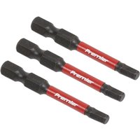 Set of three black and red Sealey 4mm hex impact power tool bits, 50mm long, with "Premier" branding.