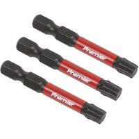 Set of three Sealey T40 impact bits, black tips with red shafts labeled "Premier," 50mm length.