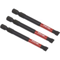 Set of three black and red Sealey slotted impact power tool bits, 6.5mm width, 75mm length.