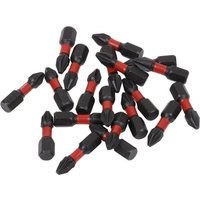 Sealey #2 Impact Phillips bits, 25mm, black with red bands, set of 20 scattered on white background.