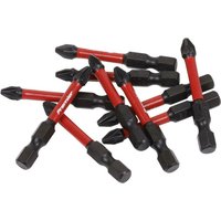 Red and black Sealey Pozi #2 impact power tool bits, 50mm length, set of 10, with durable construction.