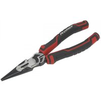 Sealey AK8373 long nose pliers, high leverage, 200mm, with black and red ergonomic handles and silver metal jaws.
