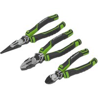 Sealey AK8376HV plier set, three black and green high leverage pliers with ergonomic grips and hi-vis accents.