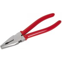 Red-handled Sealey AK8561 combination pliers, 200mm, with silver metal jaws and serrated gripping surface.
