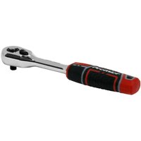 Sealey AK8934 ratchet wrench, 1/4inSq drive, silver with black and red rubber grip handle, flip reverse feature.