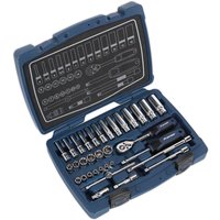 Sealey AK8990 33 piece socket set in blue case with various chrome sockets, ratchet, and extensions.
