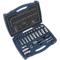 Blue Sealey 34-piece socket set in a hard case, featuring various sockets, ratchet, and extensions neatly organized.