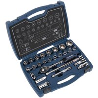 Blue Sealey 26-piece socket set in a hard case, featuring various sockets, ratchet, and extensions neatly organized.