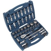 Sealey AK8993 socket set with 41 pieces, including ratchet, extensions, and sockets in a blue plastic case.