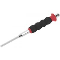 Sheathed parallel pin punch with black ribbed handle, red accents, and a 5mm silver metal tip.