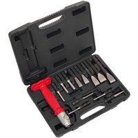 Sealey AK9215 set with red handle, 13 interchangeable chisels and punches in a black plastic case.