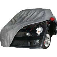 Grey Sealey 3-layer car cover partially covering a small black car with red mirrors and stripes.
