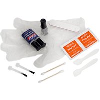 Sealey Alloy Wheel Repair Kit with gloves, sandpaper, paint, brushes, and wipes for wheel restoration.