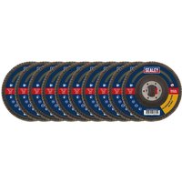 Sealey Aluminium Abrasive Flap Discs, pack of 10, blue and red labels with central hole, arranged in a row.