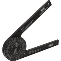 Black Sealey Aluminium Mitre Saw Protractor with engraved white measurement markings and pivoting arms.