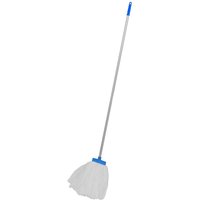 Sealey aluminium mop with long silver handle and blue grip, featuring a white disposable mop head.