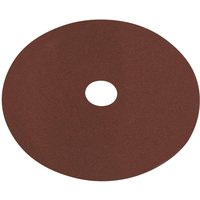 Brown circular sanding disc with a central hole, made of aluminium oxide with a fibre backing.