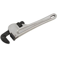 Silver Sealey aluminium pipe wrench with adjustable black jaw and ergonomic handle.