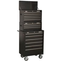 Black Sealey 14-drawer roller cabinet with mid and top tool chest, featuring silver handles and caster wheels.