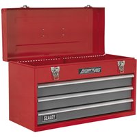 Red Sealey American Pro tool chest with three gray drawers and metal latches, open lid showing interior space.