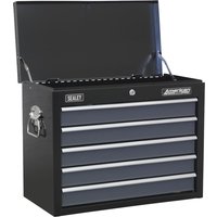 Black Sealey American Pro tool chest with five drawers, silver handles, and a hinged top lid.