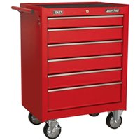 Red Sealey American Pro 6 Drawer Roller Cabinet with silver handles and four caster wheels.