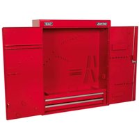 Red Sealey wall-mounted tool cabinet with two drawers, open doors, and multiple storage compartments.